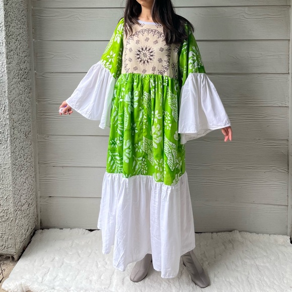 Handmade Wide Sleeves Maxi Bandana Dress SKU 11091 Green White - Picture 16 of 16